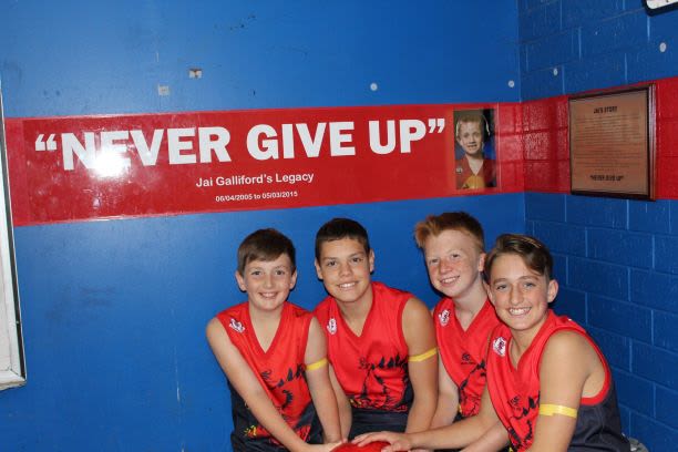 Jai and friends with the never give up sign